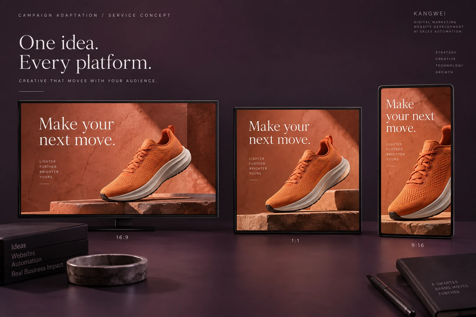 Illustrative consumer-product campaign concept showing coordinated creative in multiple ad formats.